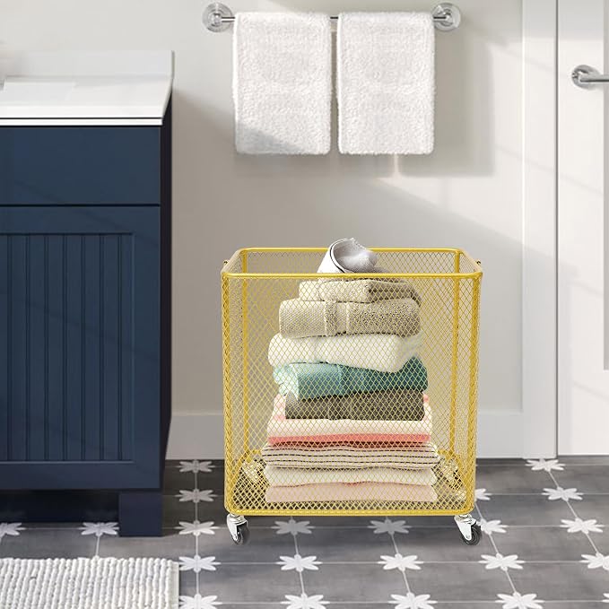 Rolling Laundry Hamper with Wheels Metal Wire Laundry Basket Cart Heavy Duty Clothes Toy Sundries Storage Organize Hamper Bin for Living Room Bathroom Closet Bedroom (Gold, Rectangle)