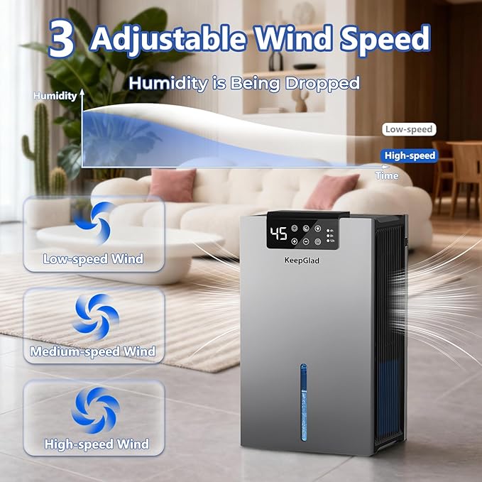KeepGlad Dehumidifier, 98OZ Dehumidifiers for Home(1000sq.ft), Humidity Display Dehumidifier for Basement Bathroom Bedroom, Auto Shut Off, Washable Filter, Drain Hose, Timer, 7 Ambient Lights, Gray