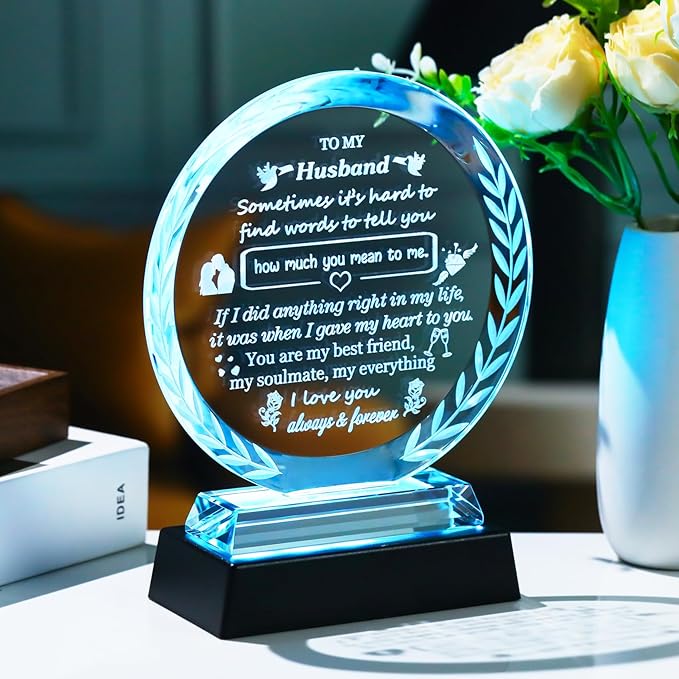 Arikyrist Gifts for Husband from Wife Fathers Day Crystal Plaque to My Husband with LED Light Base Best Husband Ever Gifts for Birthday Valentine's Day Christmas Anniversary