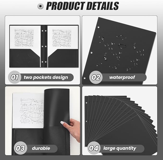 Yeaqee 100 Pcs Plastic Folders with Pockets Bulk 3 Hole Punched 2 Pocket File Folders for 3 Ring Binder Divider Folder for Notebooks, Durable Poly for Office Home (Black)