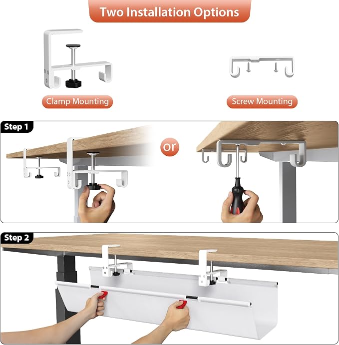 Univivi No Drill Under Desk Cable Management Tray, 28" Cord Organizer for Table, Clamp/Screw Mount Desk Cable Management, Premium Fabric Cable Management Tray for Office, Home