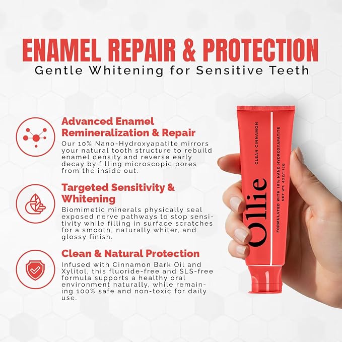 Ollie Fluoride Free 10% Nano Hydroxyapatite Toothpaste, Clean Cinnamon, 4oz | Rod-Shaped Nano HAP, Remineralizes Enamel, Reduces Sensitivity, Reverses Small Cavities, Naturally Whitens Teeth, (Pack of 2)
