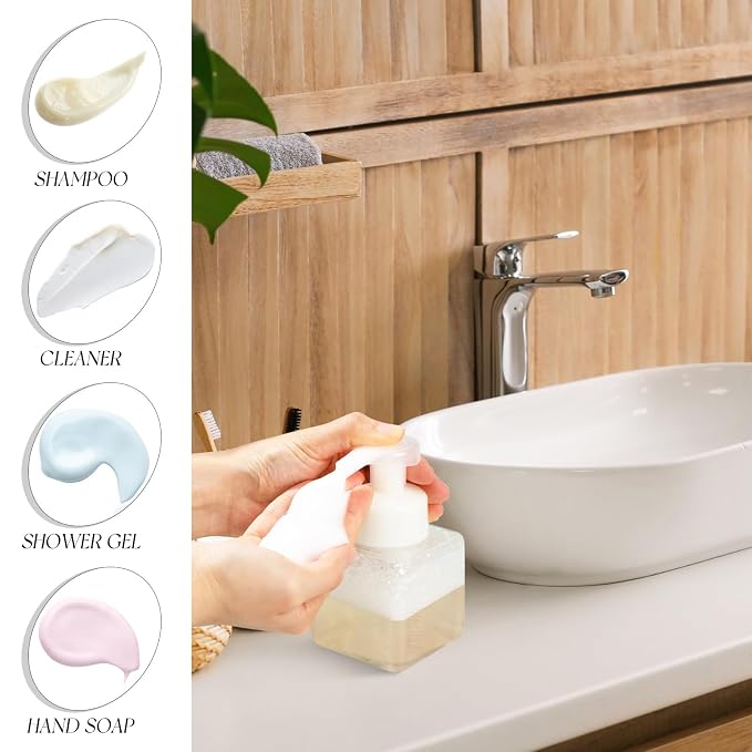 Domensi Foaming Soap Dispenser 8.5 oz Foam Pump Bottle Bulk Empty Travel Foaming Dispenser Refillable Hand Soap Plastic Pump Bottle Travel Clear Container for Bathroom Vanities(12 Pcs,Black White)