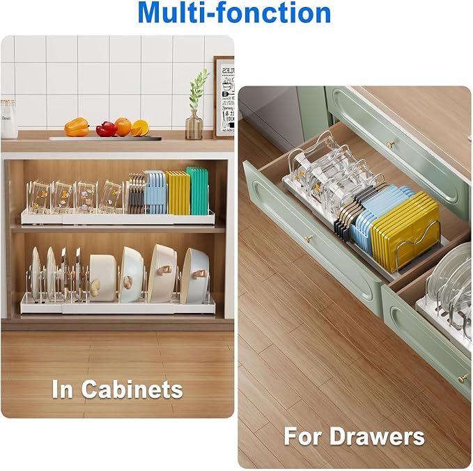 Mustorn Pots and Pans Organizer Under Cabinet, 22" Expandable Food Storage Container Lid Organizers with 9 Adjustable Dividers Pot and Pan Lid Holders Rack Inside Cabinet/Countertop(1 Pack, White)