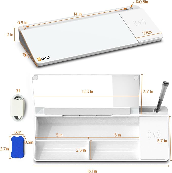 SELEAD Desktop Glass Whiteboard with Wireless Charger & Built-in Mirror, Dry Erase Board Computer Pad Keyboard Stand with Organizer for Home, School, Office Desk Accessories, White