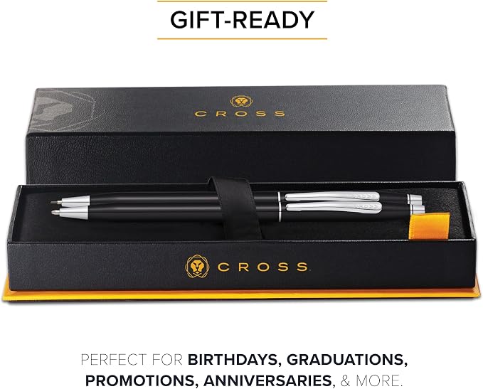 Cross Classic Century Refillable Pen & Pencil Gift Set Presented in a Luxury Gift Box - Medium Point, Black Ink, Black & Chrome