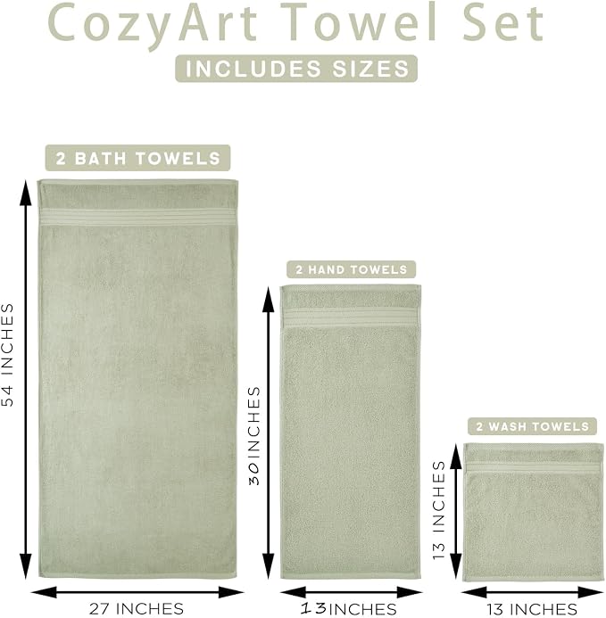 COZYART Luxury Bath Towel Set 6 Pcs, Sage Green 100% Turkish Cotton 650 GSM | OEKO-Tex 100 Certified Zero Twist Ring Spun, Soft Absorbent Quick Dry, Plush Fluffy, Breathable Hotel Quality for Daily Use