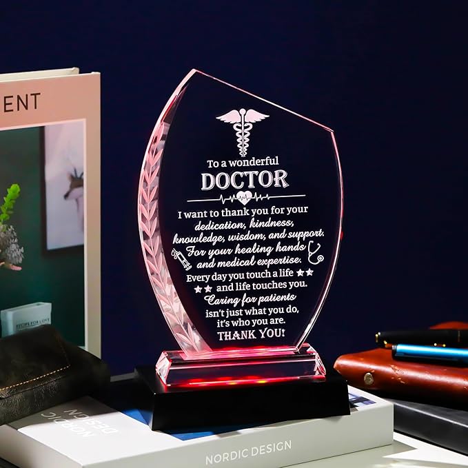 Movdyka Doctor Appreciation Gifts Crystal Plaque with Light Base Thank You Doctor Gifts for Women Men Best Doctors Day Retirement Birthday Chtistmas Thanksgiving Appreciate Plaque Decor Gift