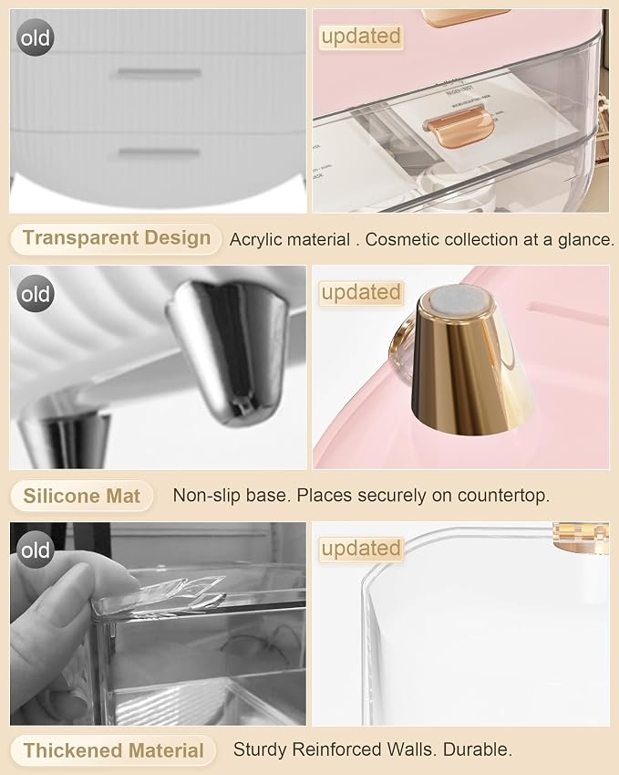 Makeup Organizer Countertop, Skincare Holder Bathroom Counter Organizer, Storage Box Cosmetic Display Cases, Teen Girl Gifts Make up Organizers (Pink/Brush)