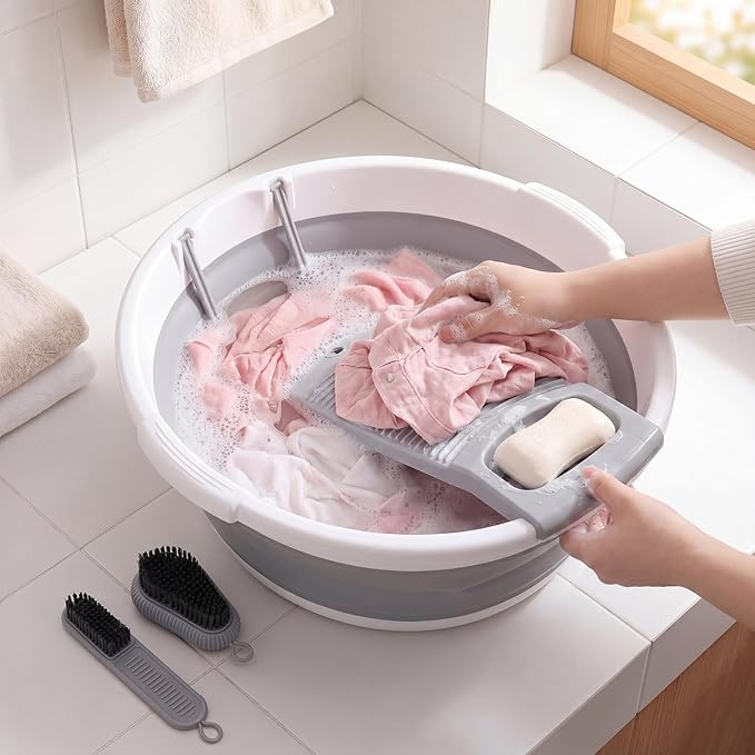 Lounsweer Large Collapsible Washboard Basin for Hand Washing Clothes with 2 Cleaning Brushes Portable Folding Laundry Tub with Non-Slip Washtub for Home Travel Camping