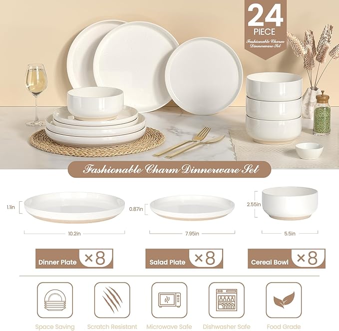 Plates and Bowls Sets, Scratch Resistant Dinnerware Sets for 8, 24 Pieces Porcelain Ceramic Dishware Dishes Set, Modern Stoneware Kitchen Dinner Set, Microwave and Dishwasher Safe, Cream White