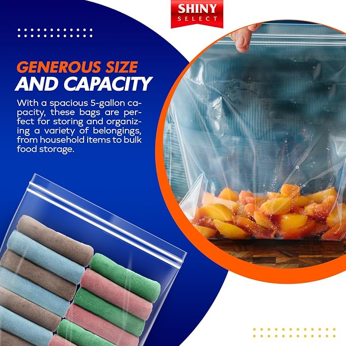 25 count – Extra Large Storage Bags with Double Zipper Top, 5 Gallon, Jumbo Reusable Freezer Bags for Food, Clear Plastic Bags for Clothes, Storage and Travel, 18” x 24”, 2 Mil Thick