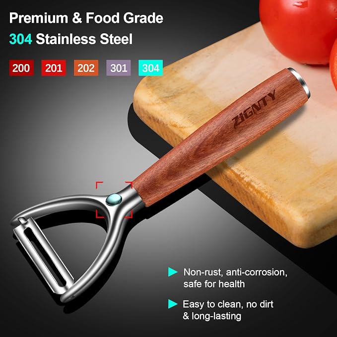 Premium Vegetable Peeler Stainless Steel，Ultra Sharp Potato Peelers for Kitchen, Swivel Blade Veggie Fruit Peeler, Carrot Cucumber Peeler with Ergonomic Wood Handle Y Peeler（5 Years Warranty）