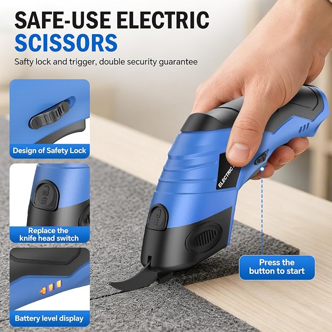 2026 Upgrade Cordless Electric Scissors Cardboard Cutter with 2 Type Blades Rechargeable Powerful Shears Cutting Tool for Fabric Electric Chop Saw Leather Felt with Charger Blue
