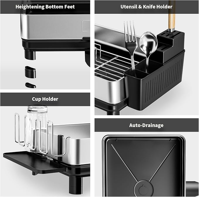Dish Drying Rack, 304 Stainless Steel Dish Racks for Kitchen Counter | Dish Drainers with Automatic Drainage, Utensil Holder & Cups Holder, Space Saving Kitchen Organizer, Black