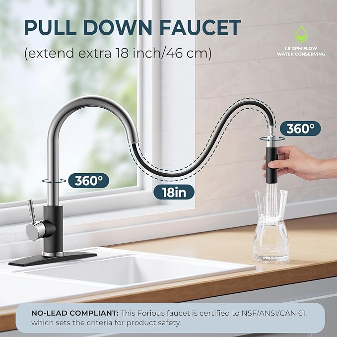 FORIOUS Kitchen Faucet with Pull Down Sprayer, High Arc Modern Classic Sink Faucet Stainless Steel with Deck Plate Fit for 1 or 3 Hole for Pot Filler Bar Farmhouse Laundry Rv, Black Chrome