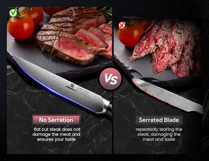Steak Knives Set of 6, 4.6 Inch Non Serrated Dinner Knife, Forged German Steel Damascus Pattern Straight Edge Meat Knife with Full Tang Handle, Dishwasher Safe, Ideal for Gift | Forged German Steel Damascus Pattern Straight Edge Meat Knife with Full Ta...