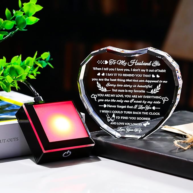 Arikyrist Gifts for Husband from Wife with Colorful LED Base Anniversary Romantic Gifts for Husband Birthday Crystal Keepsake to My Husband I Love You Gifts on Valentine Fathers Day Christmas
