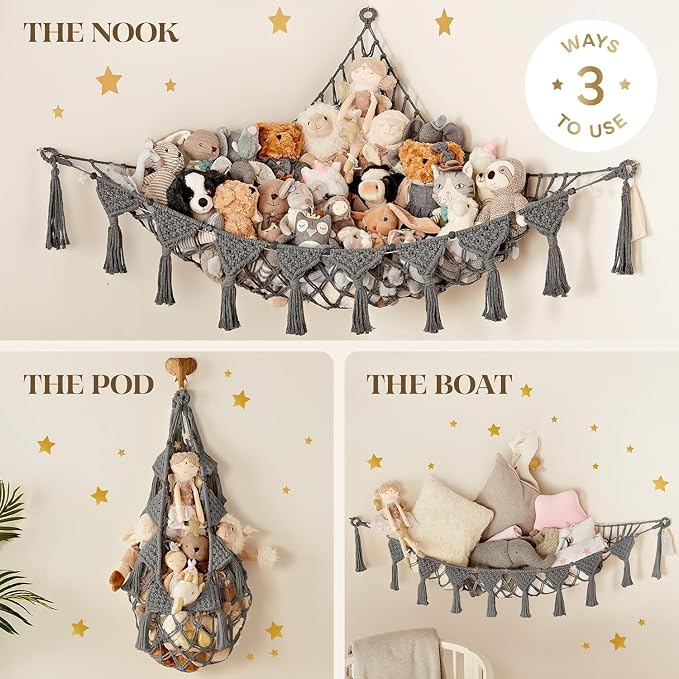 TIDYTEDS XL Stuffed Animal Hammock – Handcrafted Corner Net, 4mm Double Macrame Cord, 100% Natural Cotton Plushie Holder with LED Light (Gray)