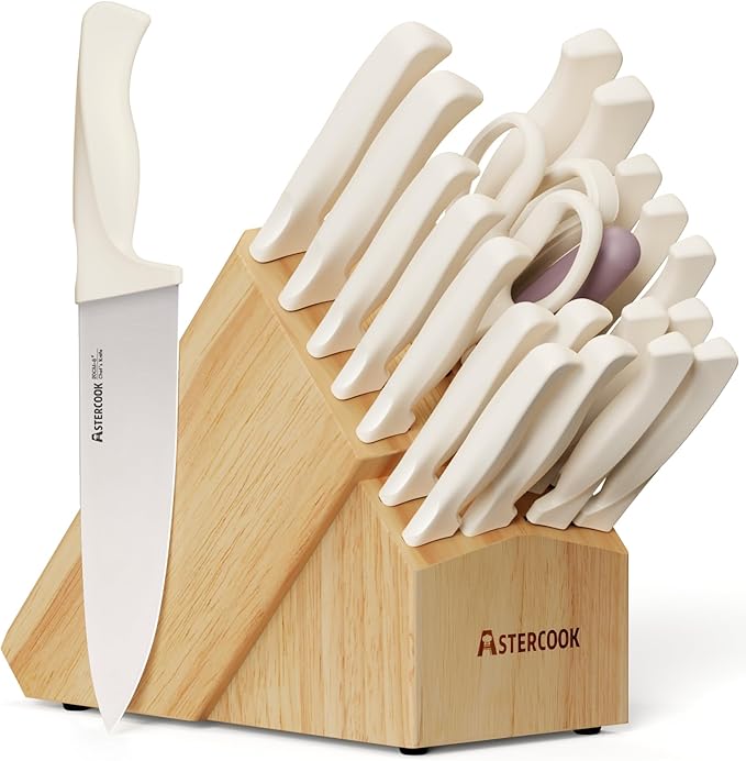 Knife Set, Astercook 22-Piece Kitchen Knife Set with Sharpener Block, High Carbon Stainless Steel Knives, Dishwasher Safe, Non-Slip Handle, Elegant Cream White Design, Perfect Holiday Gifts