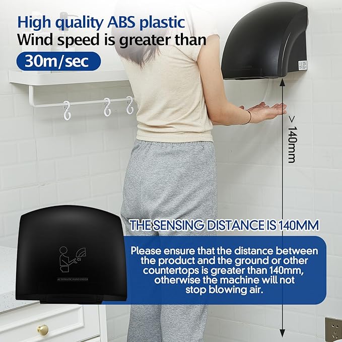 Rossesay 2 Pcs Electric Hand Dryer Commercial Compact Air Wiper Automatic Hand Air Dryer for Dry Machine Wall Business Home Household Restroom Office Mall, 110v,1200W (Black)