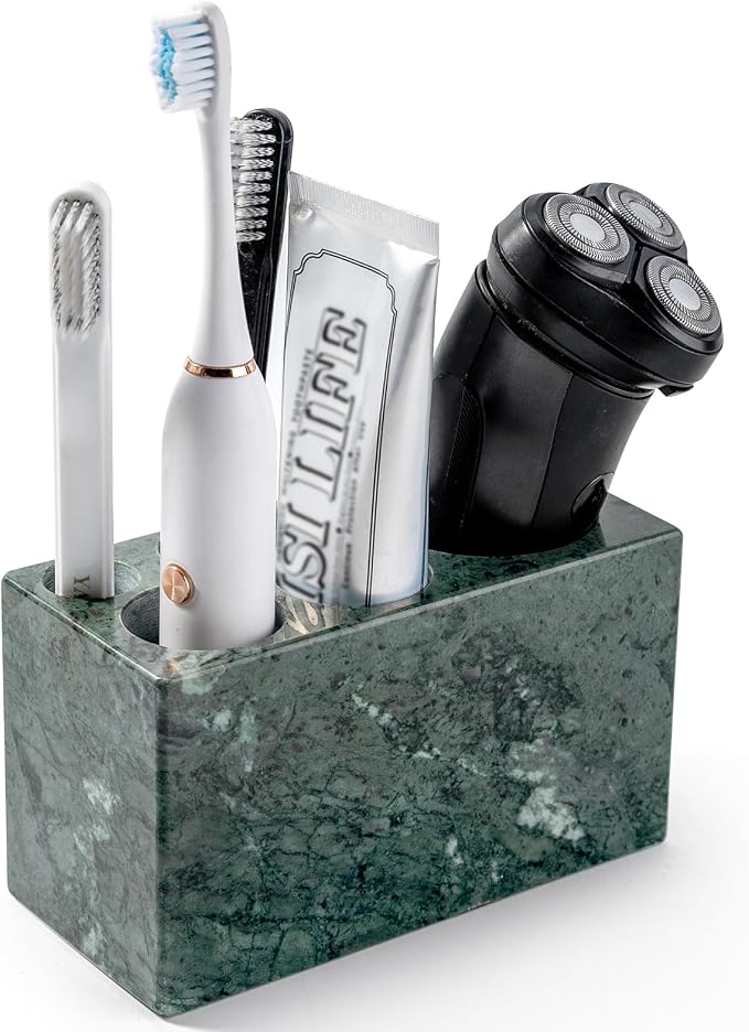 BCS Toothbrush Holder for Bathrooms, 6 Slots Open-Bottom Marble Toothbrush Organizer, Makeup Brush Stand Toothbrush Storage Collection for Bathroom Countertop Vanity Organization - Indian Green