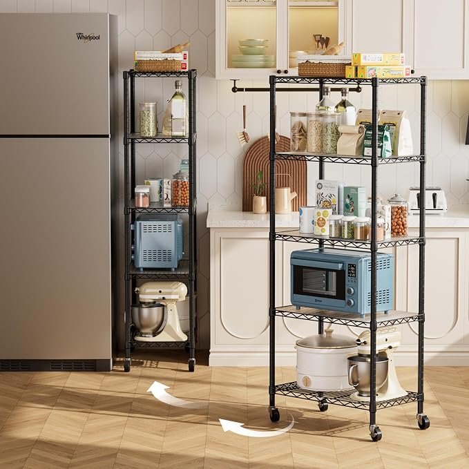 Golpart 5 Tier Shelves Storage Shelf Wire Closet Bathroom Organizers Metal Pantry Kitchen Garage Shelving Unit Laundry Room Organization Home Rack Net Basket Black with Wheels 14”D X 24”W X 61.2”H