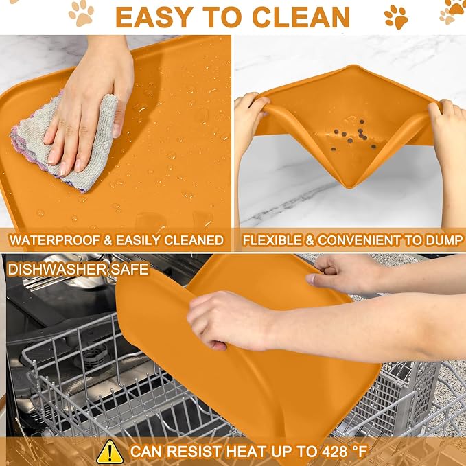 SMILOOL Waterproof Silicone Pet Food Mat with Raised Edge for Dog & Cat | 19" x 12" Non-Slip Pet Feeding Mats with Lip for Food & Water Bowl, Food Grade, Easy Cleaning, Orange
