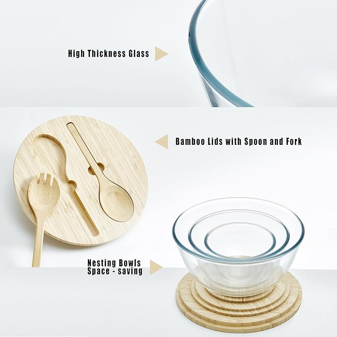 Glass Mixing Bowls with Bamboo Lids, 3 Packs Glass Bowls with Lids Set(4.7QT, 2.1QT, 0.8QT), Large Capacity Salad Bowls, Nesting Containers Microwave Safe Baking Bowls for Kitchen