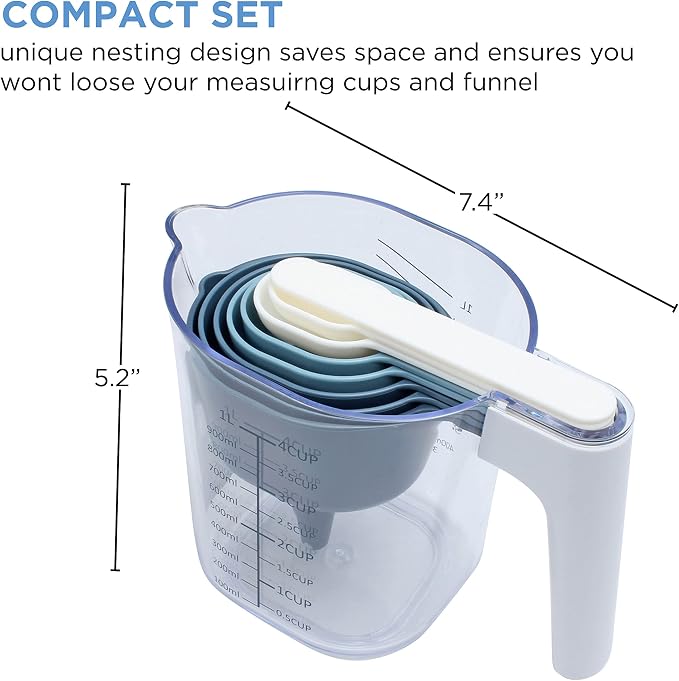 COOK WITH COLOR Measuring Cup Set - 9 PC. Nesting Stackable Liquid Measure Cup, Dry Measuring Cups and Spoons with Funnel and Scraper (Multi Colored)