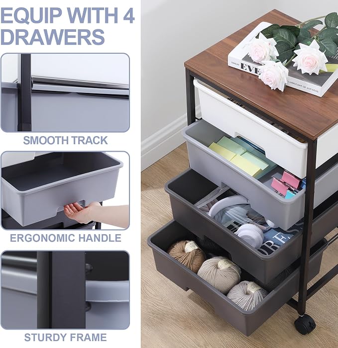 SYKIARIOL Utility Cart with 4 Drawers,Rolling Storage Cart with Drawers,Light Grey