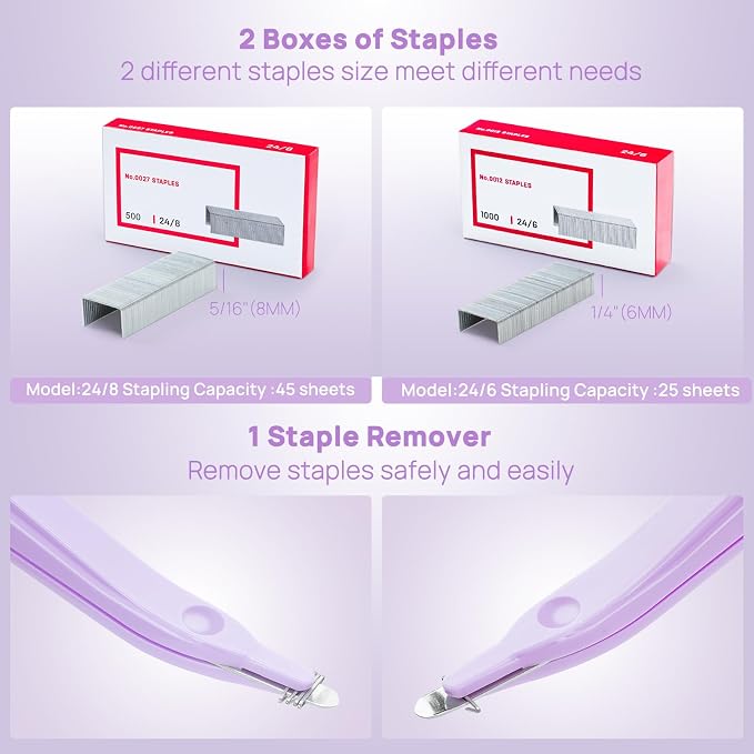Electric Stapler for Desk Value Pack, 45 Sheet Capacity, Includes 1500 Staples & Staple Remover, No-Jam, Faster Stapling, AC Adapter Powered, Purple