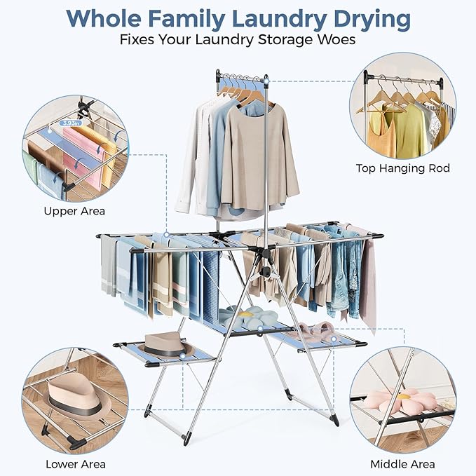 APEXCHASER Large Capacity Foldable Clothes Drying Rack, Heavy Duty Stainless Steel Laundry Drying Rack with Top Hanger, Multi-Layer Indoor Outdoor Air Dryer for Home Balcony Laundry Room