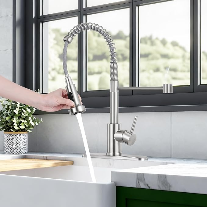 Kitchen Faucet with Pull Down Sprayer, Brushed Nickel | 2-mode sprayer, 360° high arc spout, 304 SS build, drip-free valve, fingerprint-resistant, DIY install, NSF certified