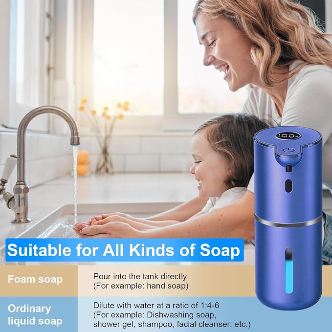 OHIFAST Automatic Foaming Soap Dispenser Touchless, USB Rechargeable Smart Hand Soap Dispenser, 6-Level Adjustable, 12.8oz/380mL Wall Mounted for Bathroom Kitchen Dish Soap-Blue