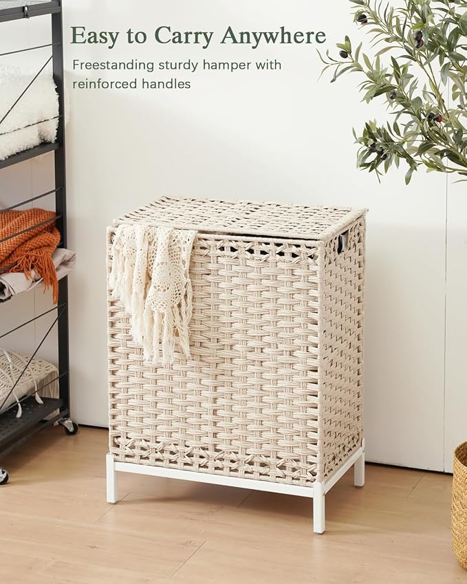 SETVSON Laundry Hamper with Lid, Wicker Laundry Basket, 112 L, Light Khaki | Handwoven PE Rattan, 2 Removable Liner Bags, Metal Heightened Feet, 6 Mesh Bags, Clothes Hamper for Bathroom Bedroom