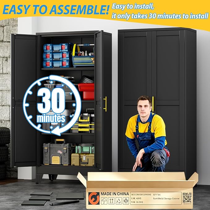 PAOFIN 61" Metal Storage Cabinet with 2 Doors and 3 Adjustable Shelves,Black Metal Garage Storage Cabinets, File Cabinet,Steel Tool Cabinets for Home,Office,Garage,School,Warehouse