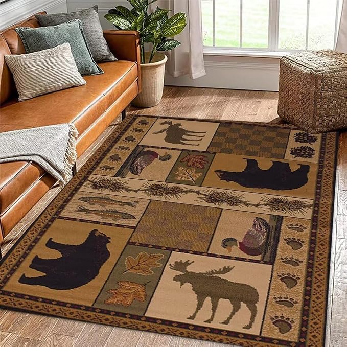 Vintage Lodge Cabin Bear Rugs 2ftx3ft Western Wildlife Print Area Rug for Bathroom Entryway Non-Slip Elk Deerlet Bear Print Carpet Indoor Floor Pad