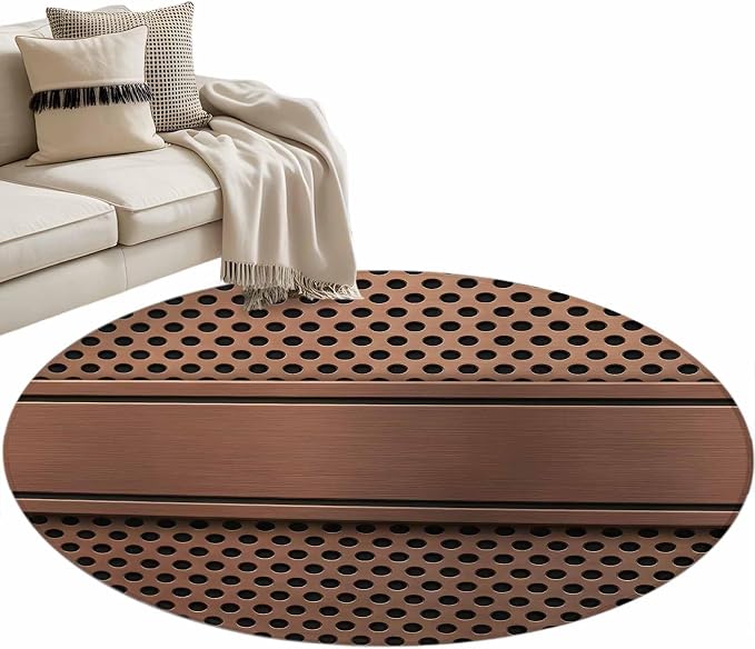 3 Ft Round Rug for Play Room, Brown Metal Hole Indoor Accent Rugs for Living Room, Copper Net Eye Hole Pattern Decorative Circle Carpet Washable Low Pile Non Slip, Soft Rug for Bedroom/Office