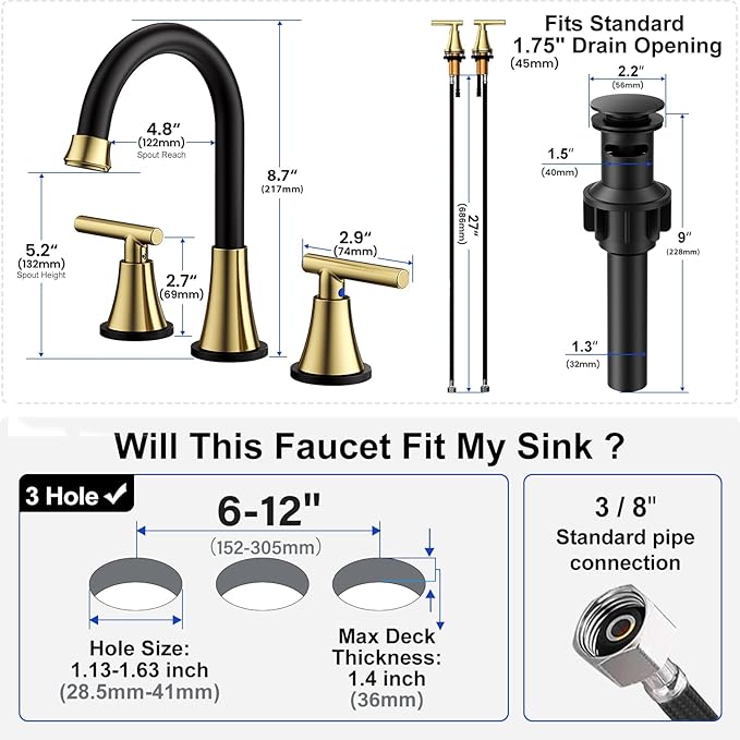 Bathroom Faucets for Sink 3 Hole, Hurran Black& Gold Bathroom Sink Faucet with Pop-up Drain and Supply Lines, Stainless Steel Lead-Free Widespread Faucet for Vanity RV, 2 Pack
