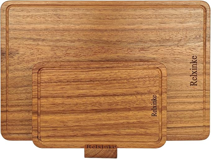 Solid Teak Wood Cutting Board Set One Piece Non Glued Extra Large Thick Crack Resistant Wooden Chopping Board with DeepJuice Grooves Built in Handles for Kitchen Meat 21.7x15 IN+13 * 8.7IN