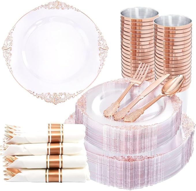 Nervure 350PCS Rose Gold Plastic Plates - Rose Gold Plastic Dinnerware Sets for 50 Guests - 100 Disposable Plates, 150 Silverware, 50 Cups, 50 Napkins Perfect for Wedding & Party