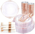 Nervure 350PCS Rose Gold Plastic Plates - Rose Gold Plastic Dinnerware Sets for 50 Guests - 100 Disposable Plates, 150 Silverware, 50 Cups, 50 Napkins Perfect for Wedding & Party