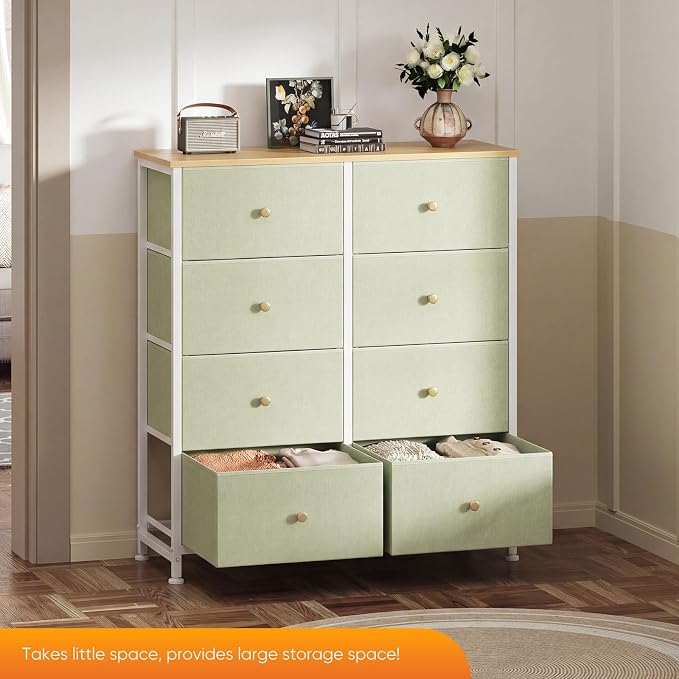 Sweetcrispy 8 Drawer Dresser for Bedroom Tall, Organizer Storage Drawers | Fabric Storage Tower, Chest of Drawers with Steel Frame, Wood Top for Living Room, Closet, Light Green