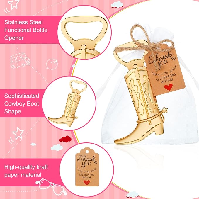 251 Pcs Cowboy Boot Bottle Opener Set Cowgirl Western Derby Wedding Party Favor Includes Cowboy Beer Bottle Opener Organza Bag Thank You Tag and Jute Rope for Guest Wedding Party Baby Shower