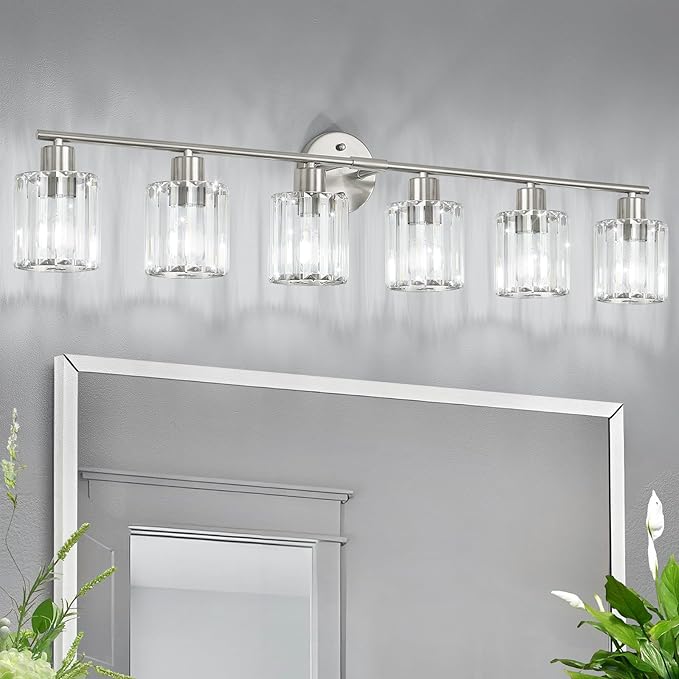 Crystal Bathroom Light Fixtures,Bathroom Lighting Fixtures Over Mirror, Modern 6-Light Brushed Nickel Vanity Lights for Mirror, Restroom,Kitchen(Ceramic E26 Socket,Bulbs Not Include)