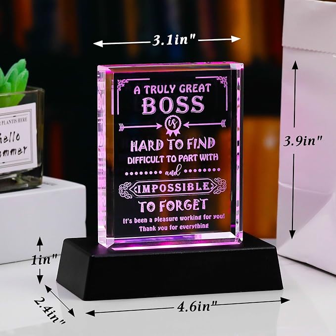 Movdyka Boss Gifts for Men Women Crystal Keepsake Best Boss Ever Appreciation Gifts for Boss Lady Christmas Boss Day Desk Decoration with Led Base