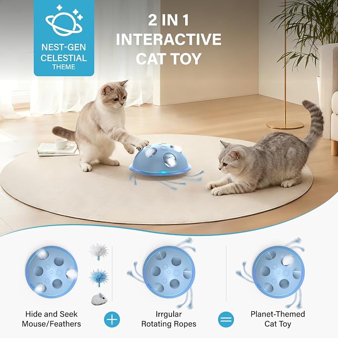 Pawingcat Automatic Cat String Toy 6 Holes Whack a Mole Cat Toy with Plush Running Cat Mouse Toy Hide and Seek Interactive Cat Toys for Indoor Cats（Blue）