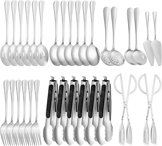 32 Piece Stainless Steel Serving Utensils Set - Complete Buffet Serving Spoons, Tongs, Ladles, Spatulas for BBQ, Parties, Weddings, Catering and Events (Silver)