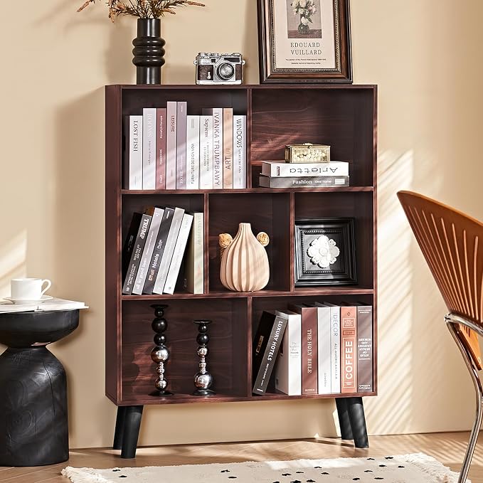 LEYAOYAO Cube Bookshelf, Mid-Century Modern Book Shelf with Legs, Walnut | 3 Tier Bookcase, Rustic Wood Bookshelves Freestanding Small Storage Organizer, Open Shelves for Bedroom, Living Room, Office